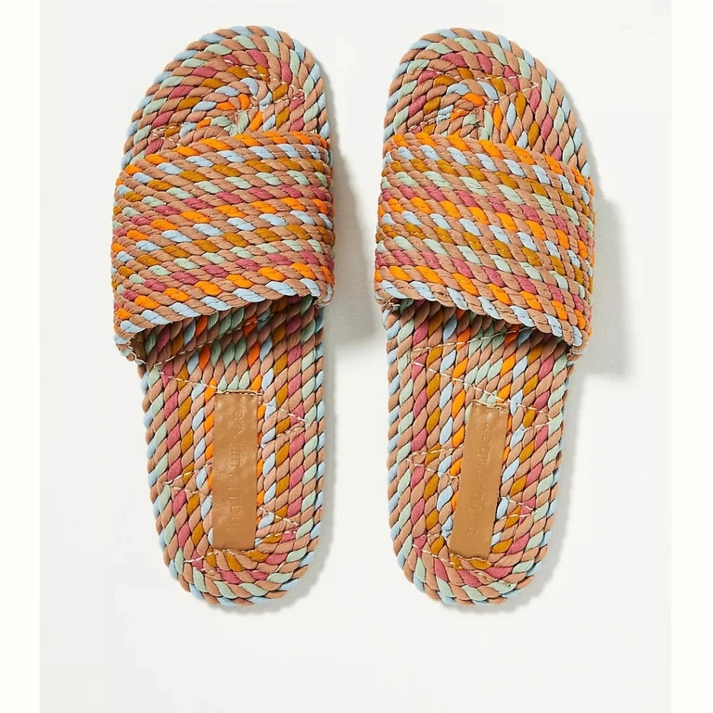 Anthropologie Multicolor Braided Slide Sandals - Coral, Blue, Yellow